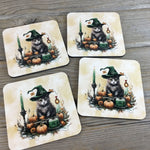 Cat Witch Halloween Drink Coasters Set of 4