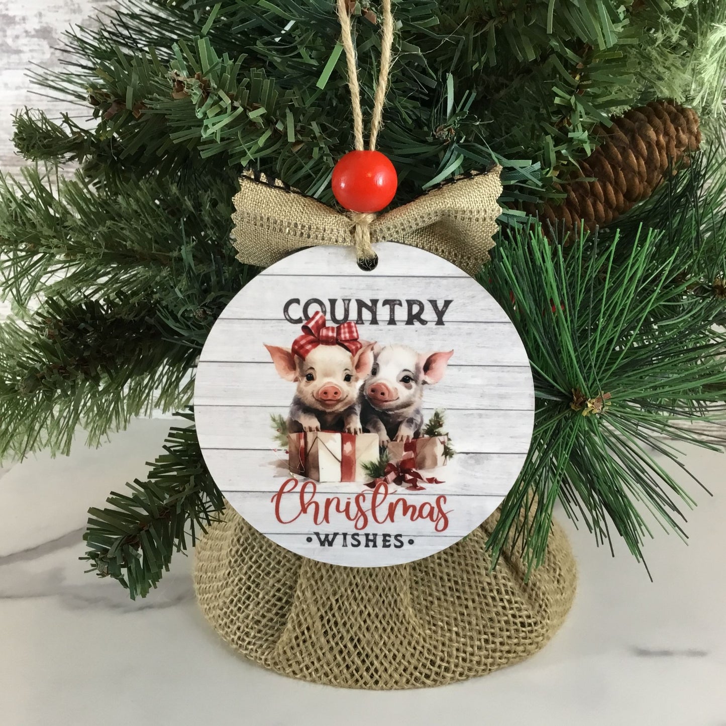 Pig Country Christmas Wishes Round Rustic Christmas Ornament