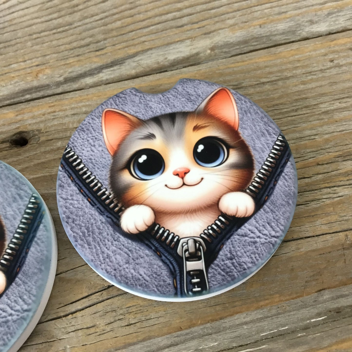 Cat Peek-a-Boo Zipper Car Coasters Set of 2