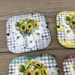 Sunflower Butterfly & Bees Plaid Set of 4 Hardboard Coasters