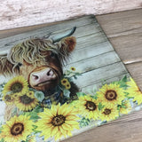 Highland Cow Rustic Sunflower Glass Cutting Board