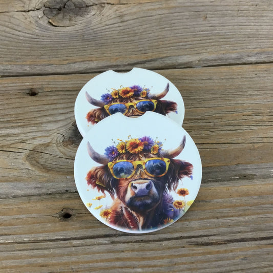 Boho Hippie Highland Cow Car Coasters Set of 2