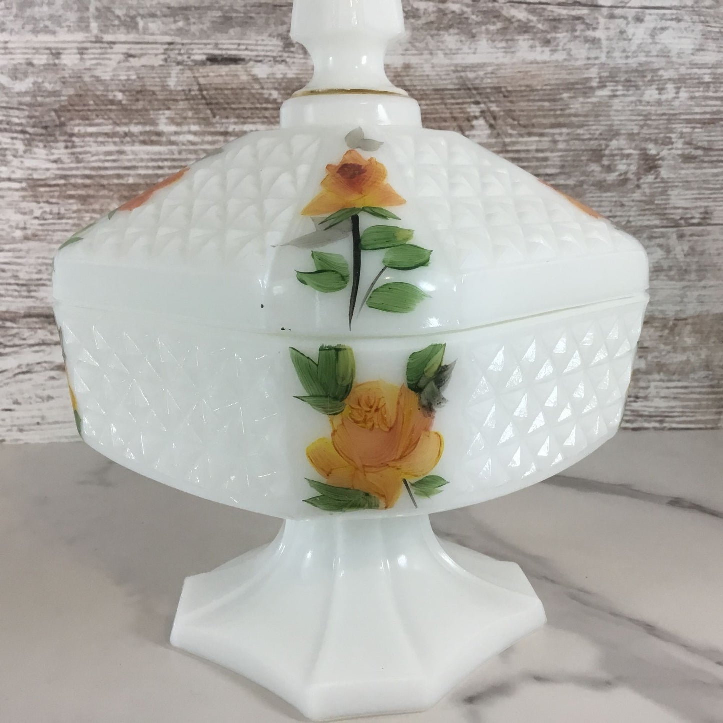 Vintage Milk Glass Lidded Compote Candy Dish With Hand Painted Roses