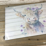 Highland Cow Purple Flower  Glass Cutting Board
