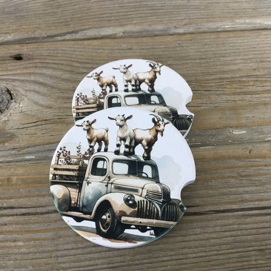 Crazy Goats Farm Truck Car Coasters Set of 2