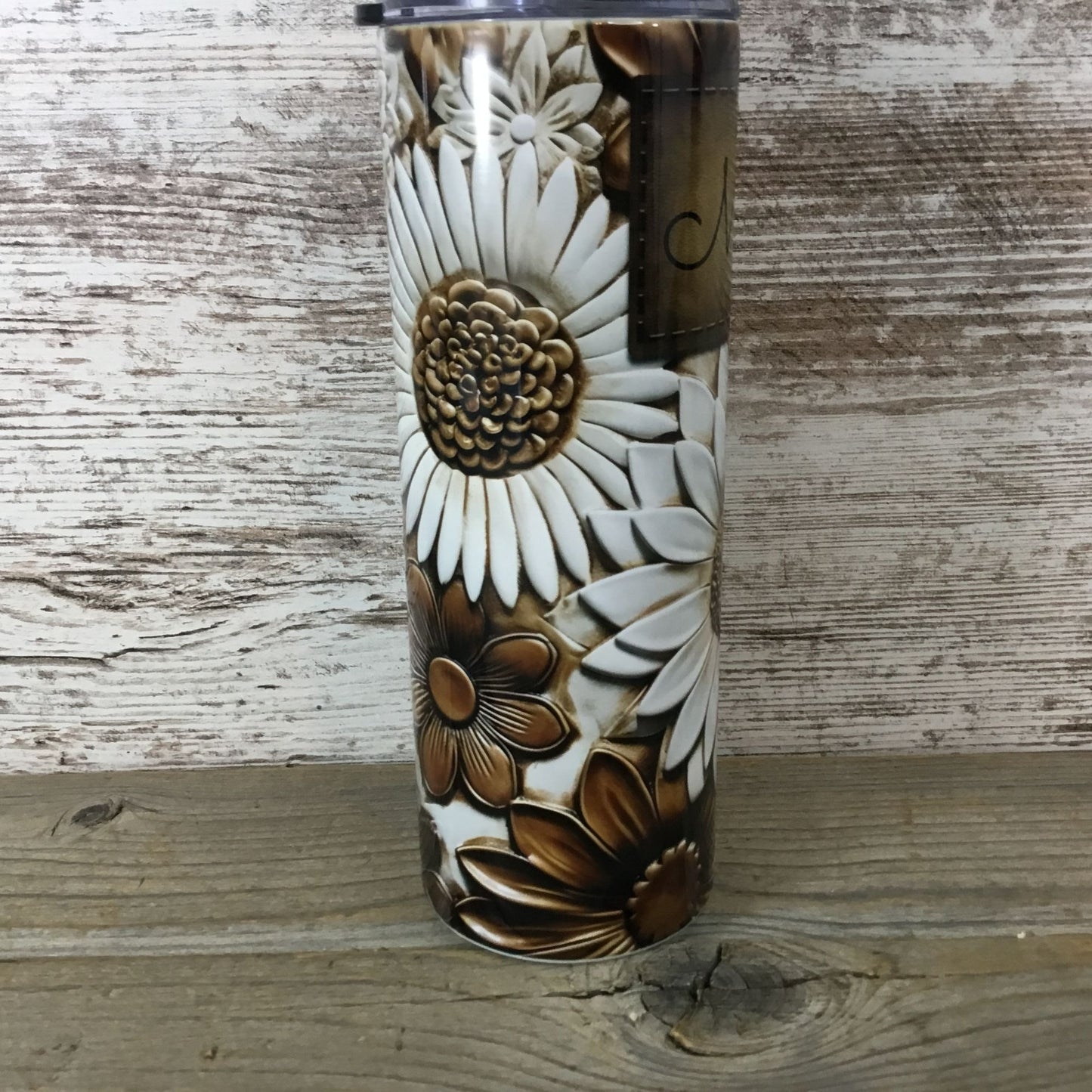 Brown and White Flowers Leather Look Personalized 20 oz Skinny Tumbler