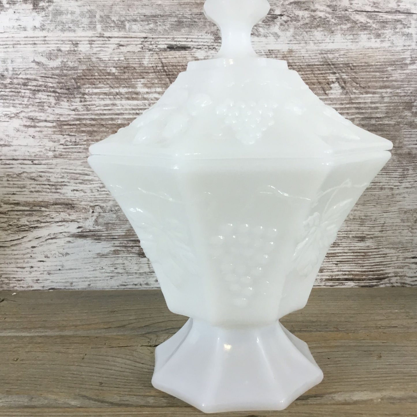 Vintage Anchor Hocking Milk Glass Grape Pattern Pedestal Octagon Candy Dish