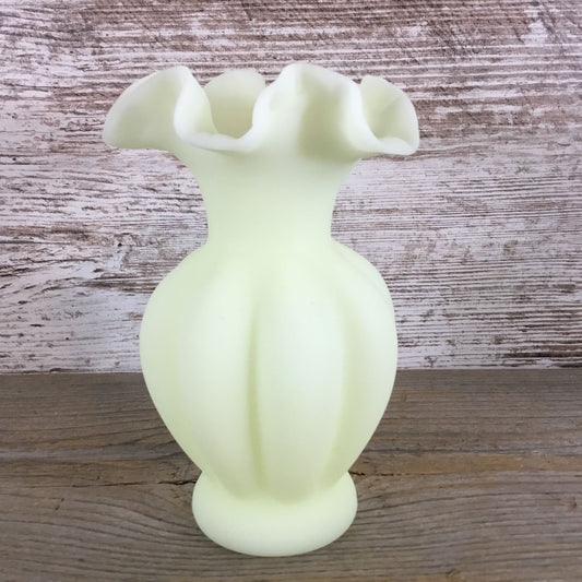 Vintage Fenton Green Custard Glass Melon Vase Ruffled Rim Vaseline Glass Glows