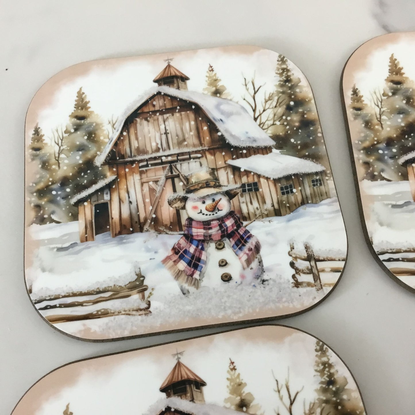 Rustic Country Snowman Wood Hardboard Coasters Set of 4