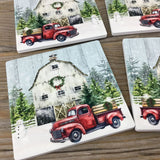 Red Truck Winter Farm Sandstone Coasters Set of 4