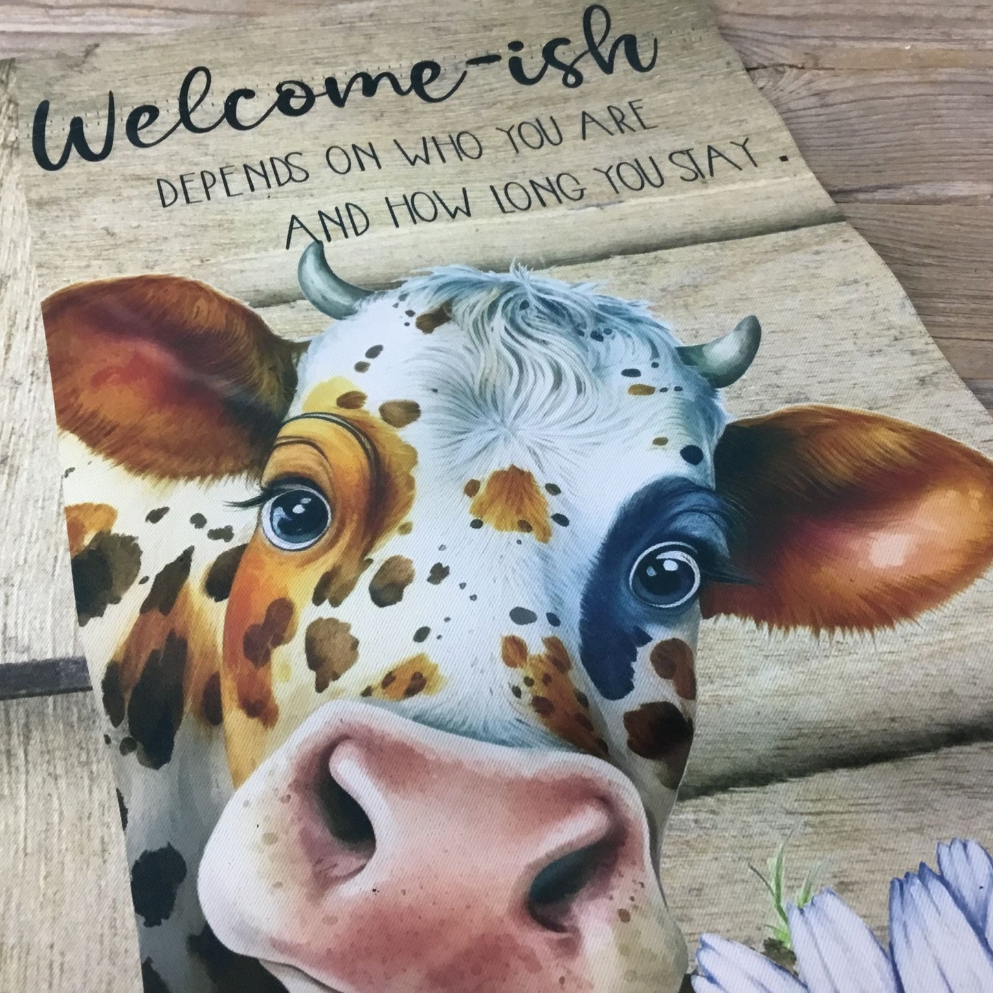 Welcome-ish Rustic Cow Garden Flag 12" x18"  Double-Sided