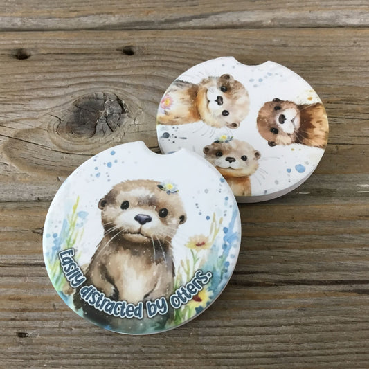 Easily Distracted by Otters Car Coasters Set of 2