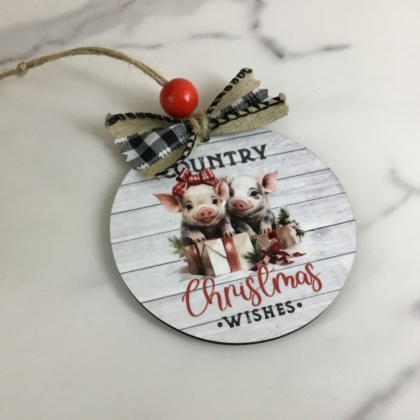 Pig Country Christmas Wishes Round Rustic Christmas Ornament