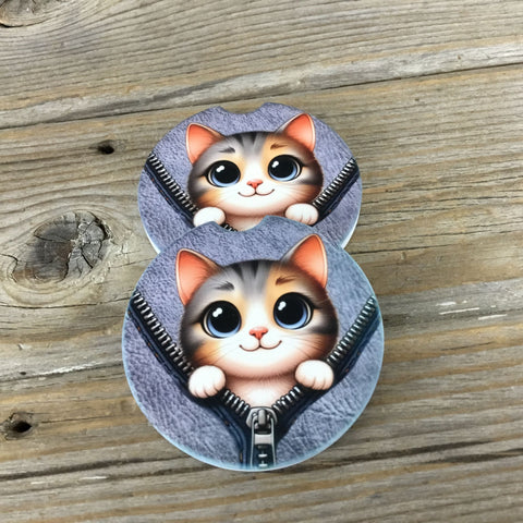 Cat Peek-a-Boo Zipper Car Coasters Set of 2