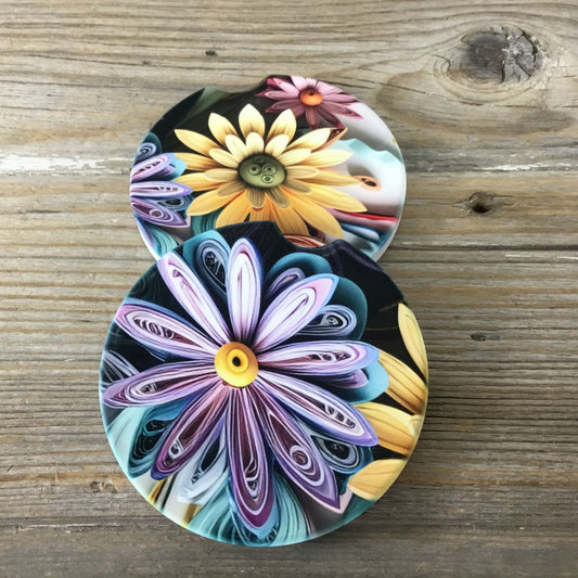 Pastel Paper Wildflowers Car Coasters Set of 2