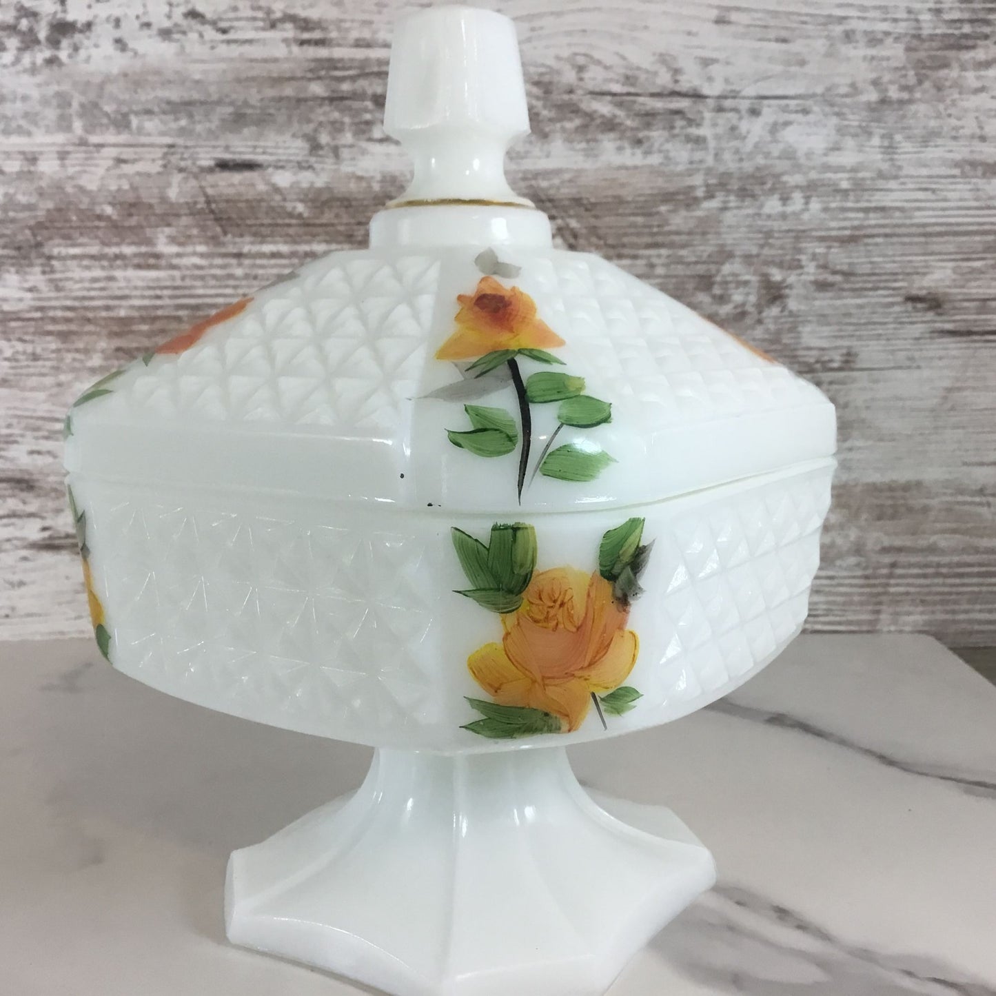 Vintage Milk Glass Lidded Compote Candy Dish With Hand Painted Roses