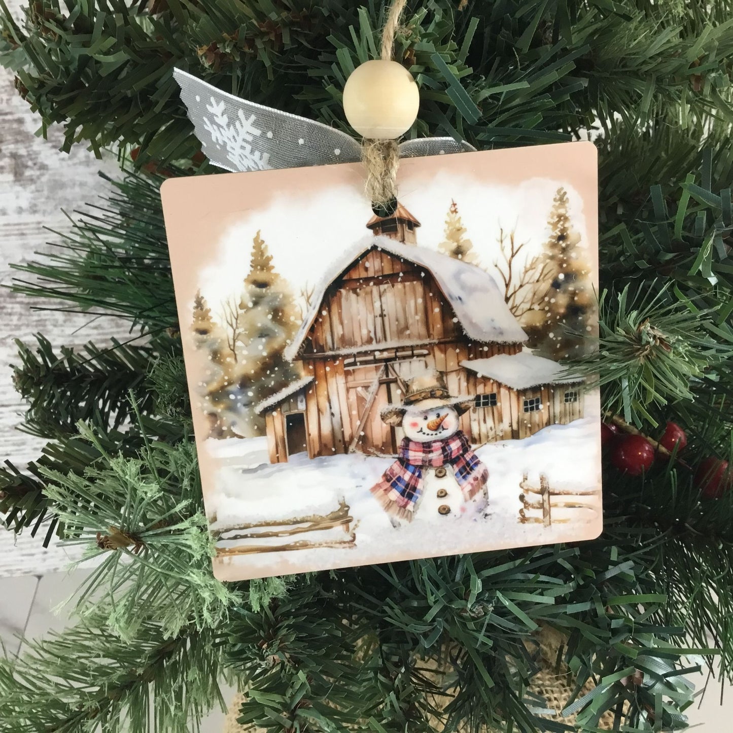 Rustic Country Snowman 3.5" Wooden Christmas Ornament