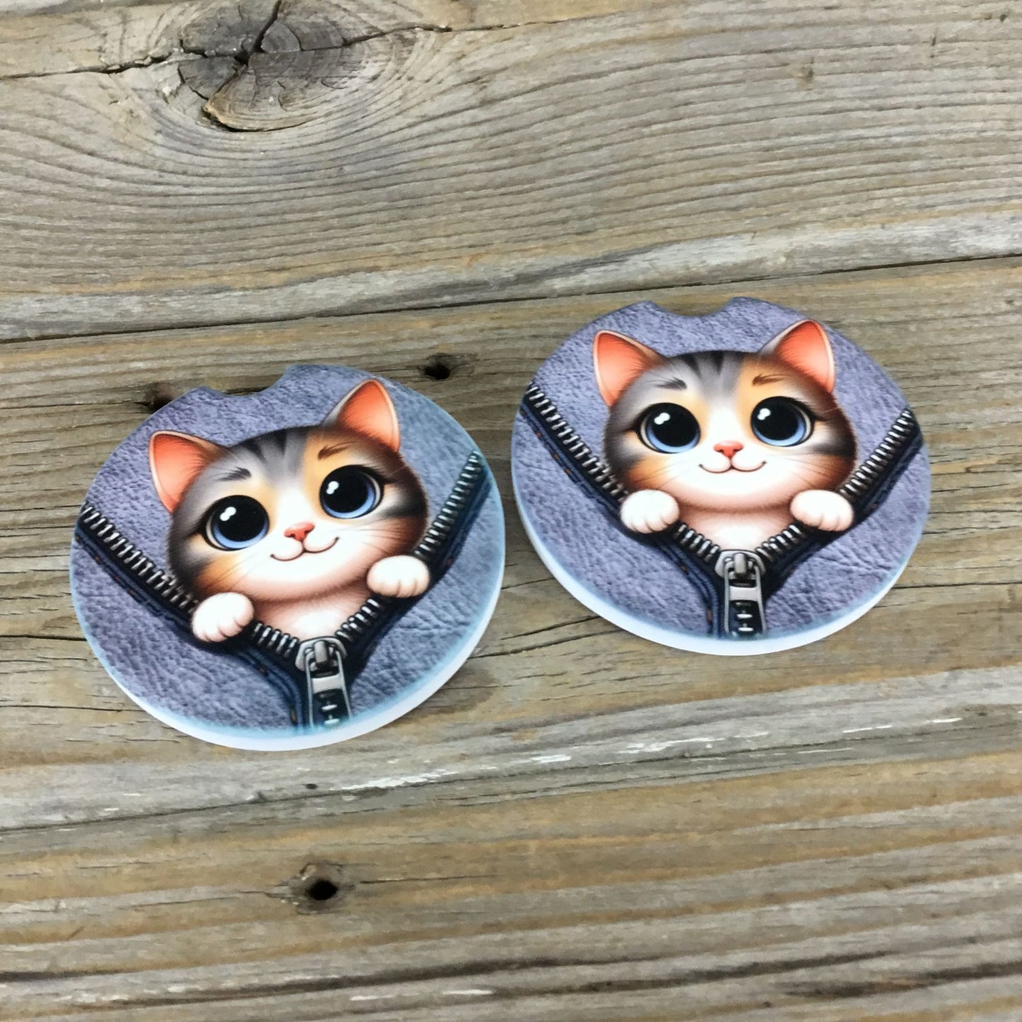 Cat Peek-a-Boo Zipper Car Coasters Set of 2