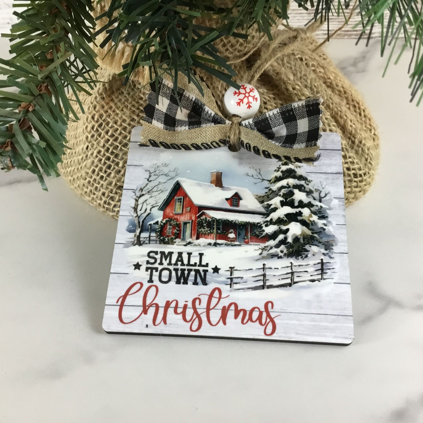 Small Town Christmas Rustic Christmas Ornament Square 3.5" Square