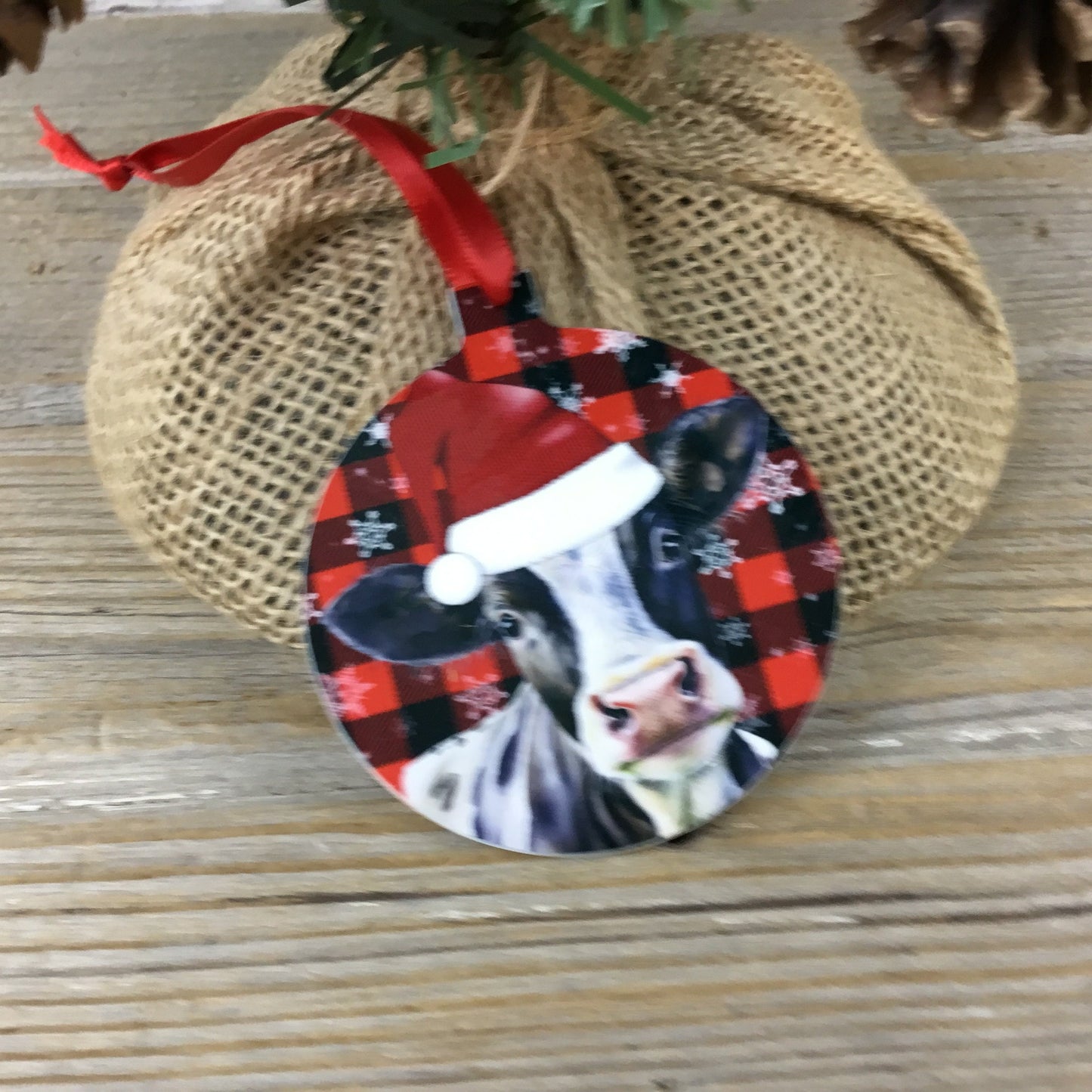 Black and White Santa Cow Christmas Ornament Double Sided