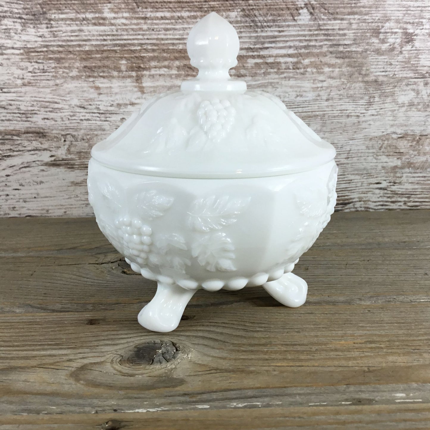 Westmoreland Milk Glass 3-Toed Covered Candy Dish Paneled Grape with Lid