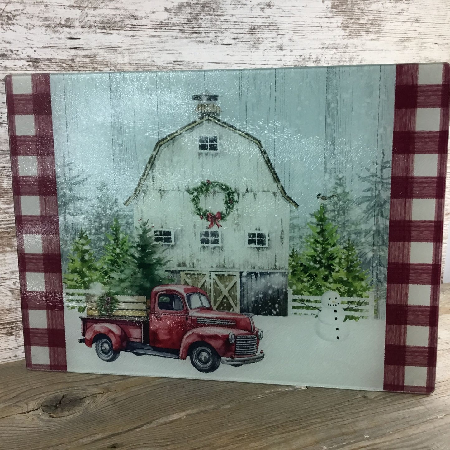 Red Truck Winter Farm Glass Cutting Board