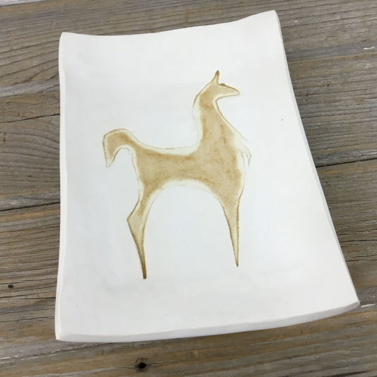 Handmade Ceramic Footed Trinket Dish with MCM Etruscan Horse or Llama Design