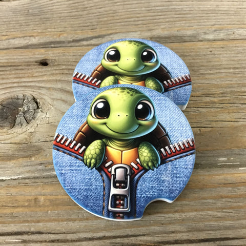 Turtle Peek-a-Boo Zipper Car Coasters Set of 2