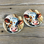 Peeking Cow Rustic Car Coasters Set of 2