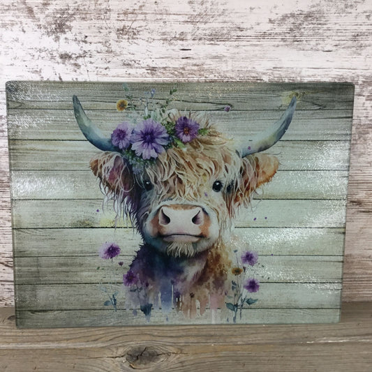 Highland Cow Purple Flower  Glass Cutting Board