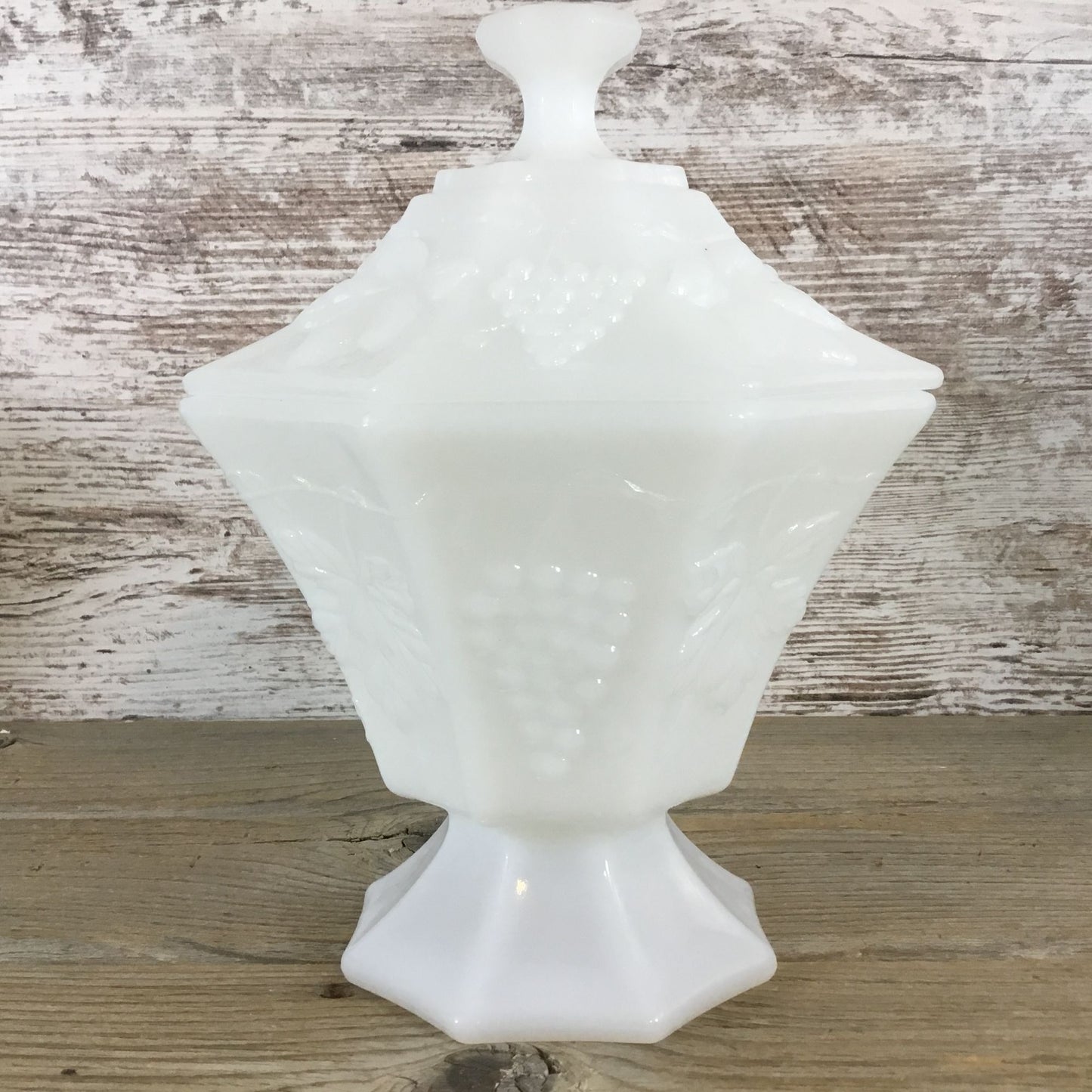 Vintage Anchor Hocking Milk Glass Grape Pattern Pedestal Octagon Candy Dish