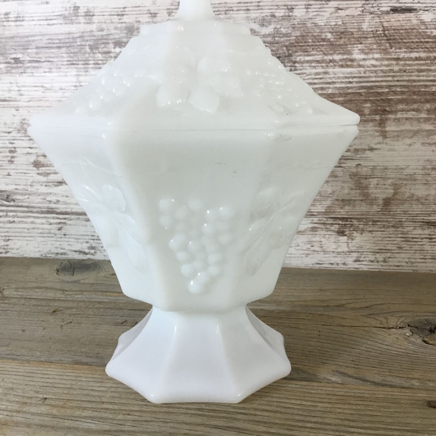 Vintage Anchor Hocking Milk Glass Grape Pattern Pedestal Octagon Candy Dish