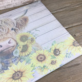 Highland Cow Rustic Sunflower Glass Cutting Board Back View