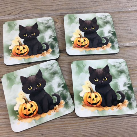 Black Cat Halloween Drink Coasters Set of 4