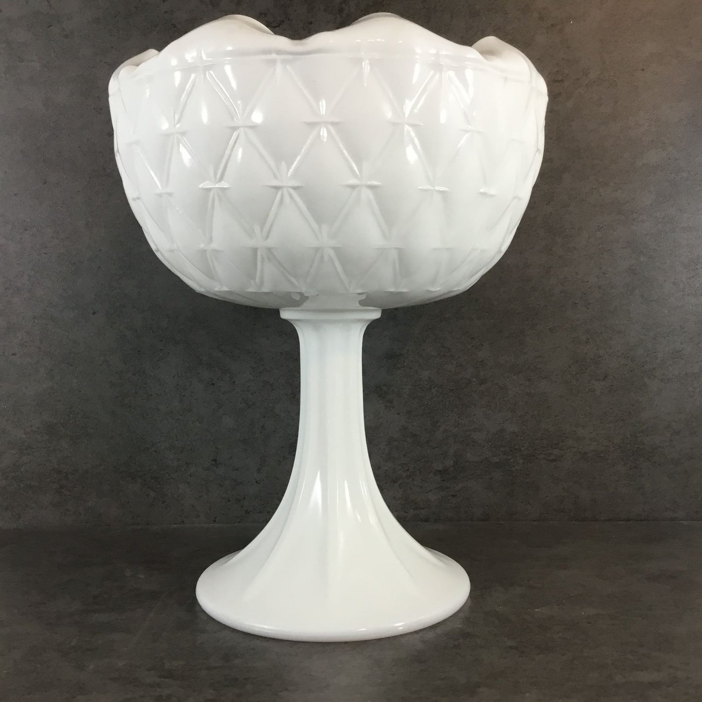 Indiana Glass Milk Glass Pedestal Compote Star Quilt Duette Pattern 9" tall