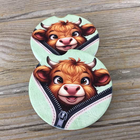 Highland Cow Peek-a-Boo Zipper Car Coasters Set of 2