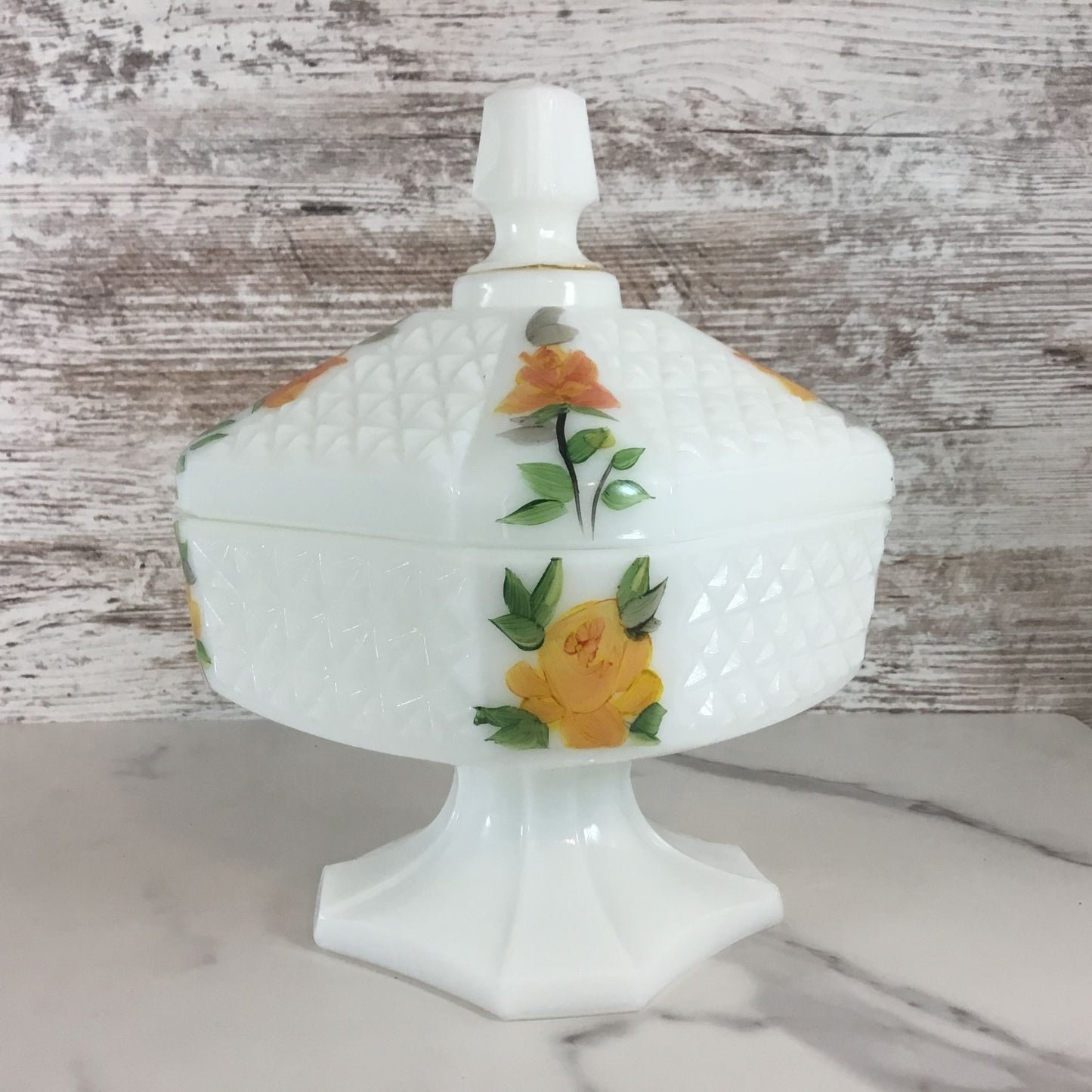 Vintage Milk Glass Lidded Compote Candy Dish With Hand Painted Roses