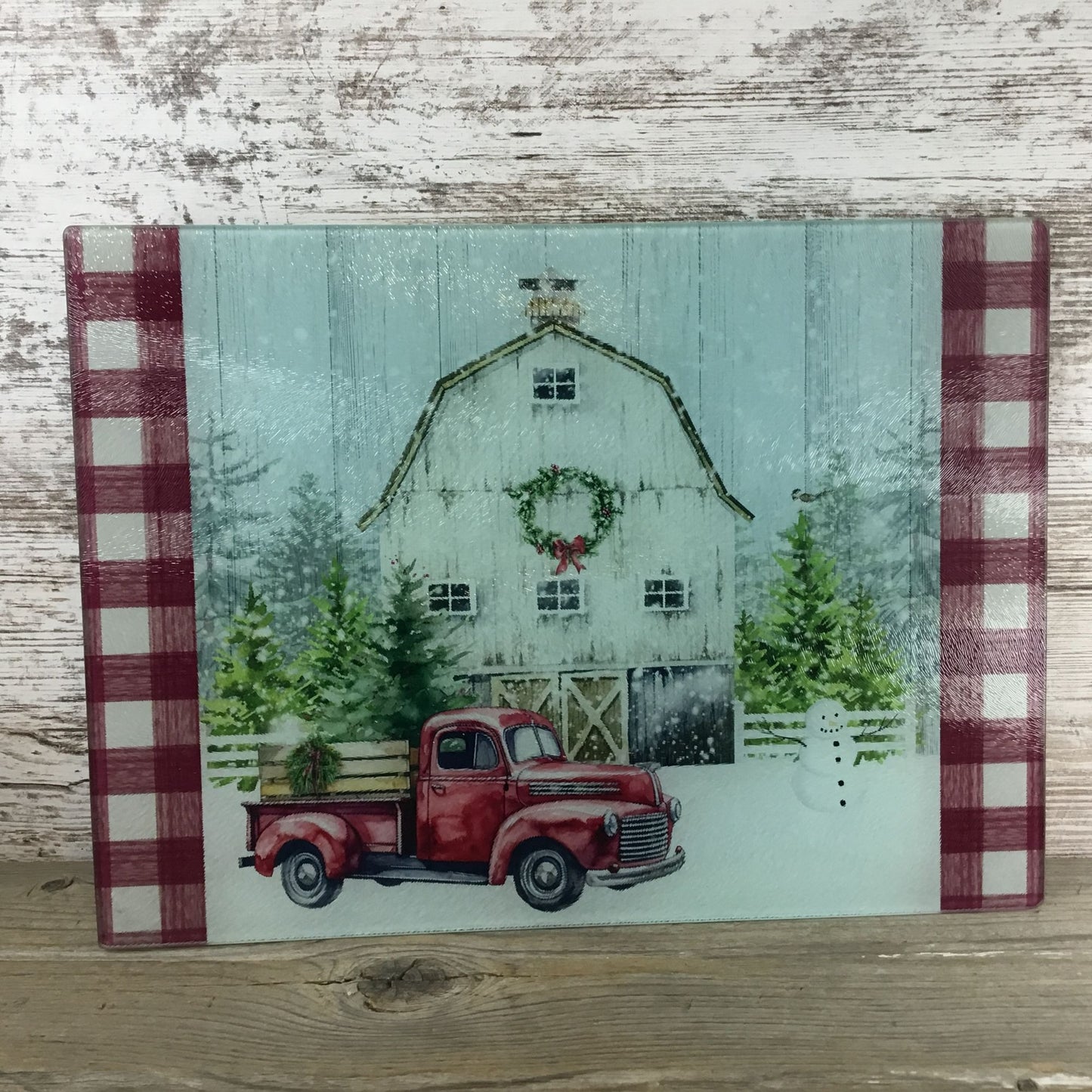 Red Truck Winter Farm Glass Cutting Board