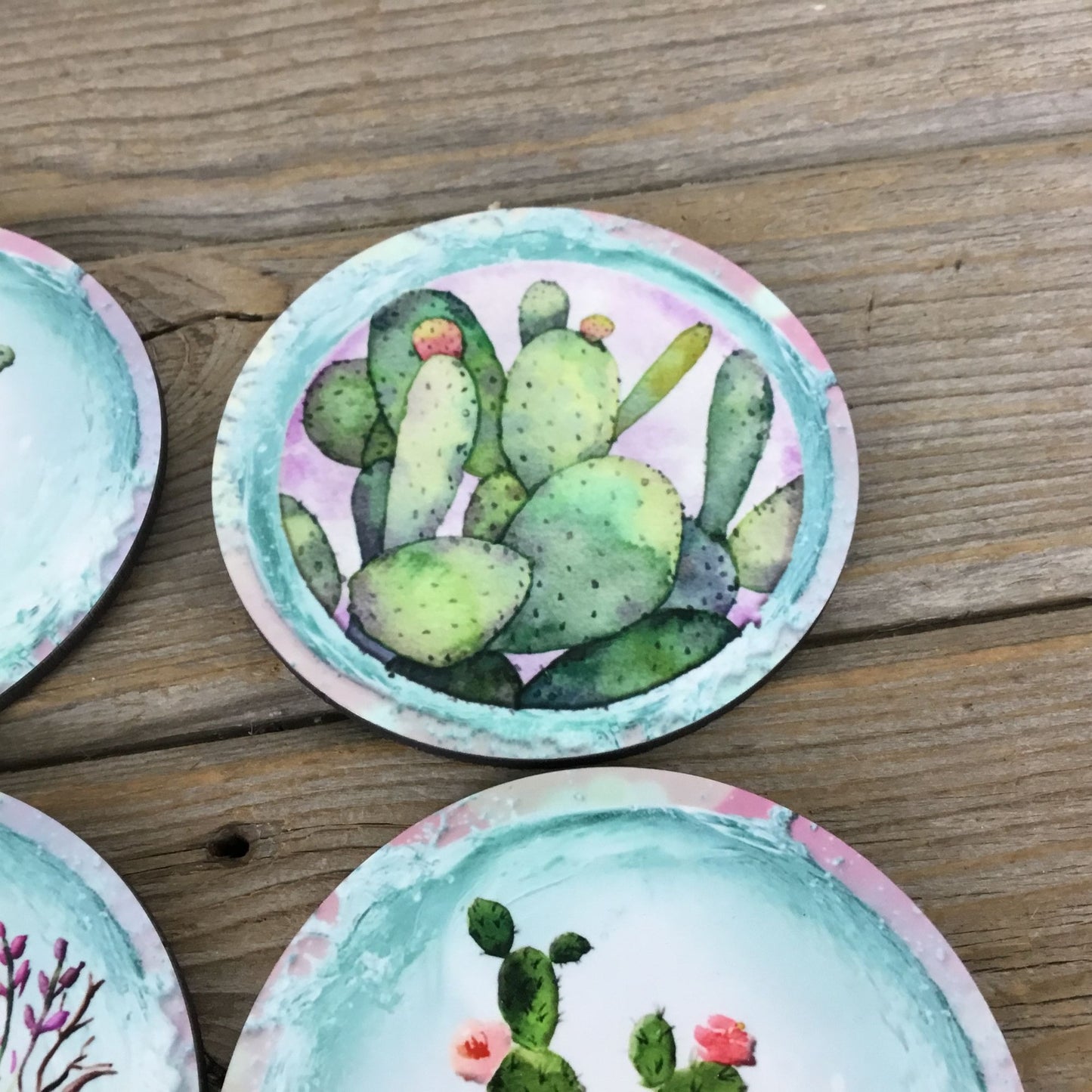 Cactus Hardboard Coasters with Cork Back Set of 4 Coasters