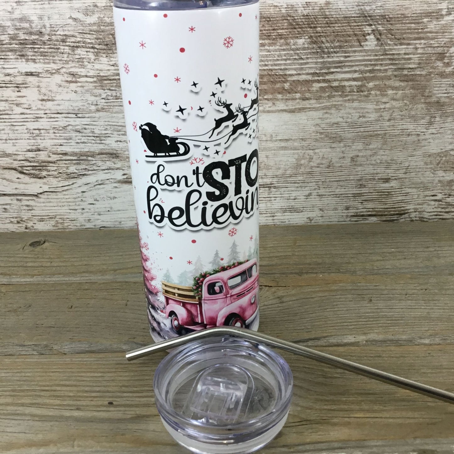 Don't Stop Believing 20 oz Christmas Skinny Tumbler