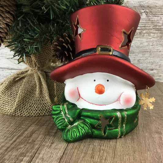 Snowman Tea Light Candle Holder with Star Cutouts and Dangling Snowflakes