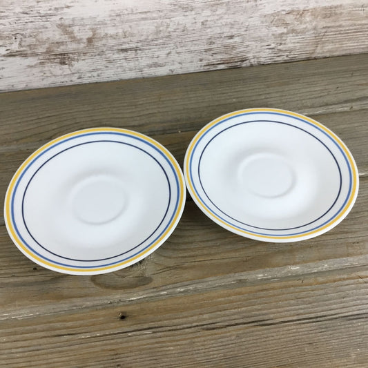 Corelle Casa Flora Yellow and Blue Three Ring Saucers 6 1/4”, Set Of Two