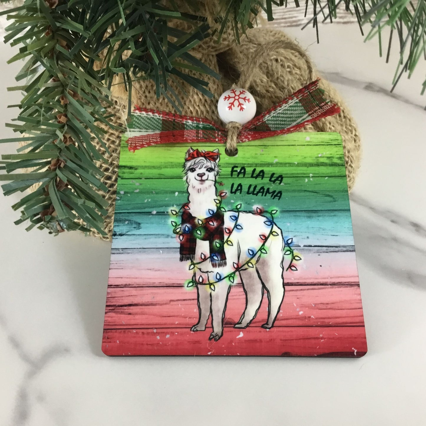 Fa La La La Llama 3.5" Square Wooden Christmas Ornament