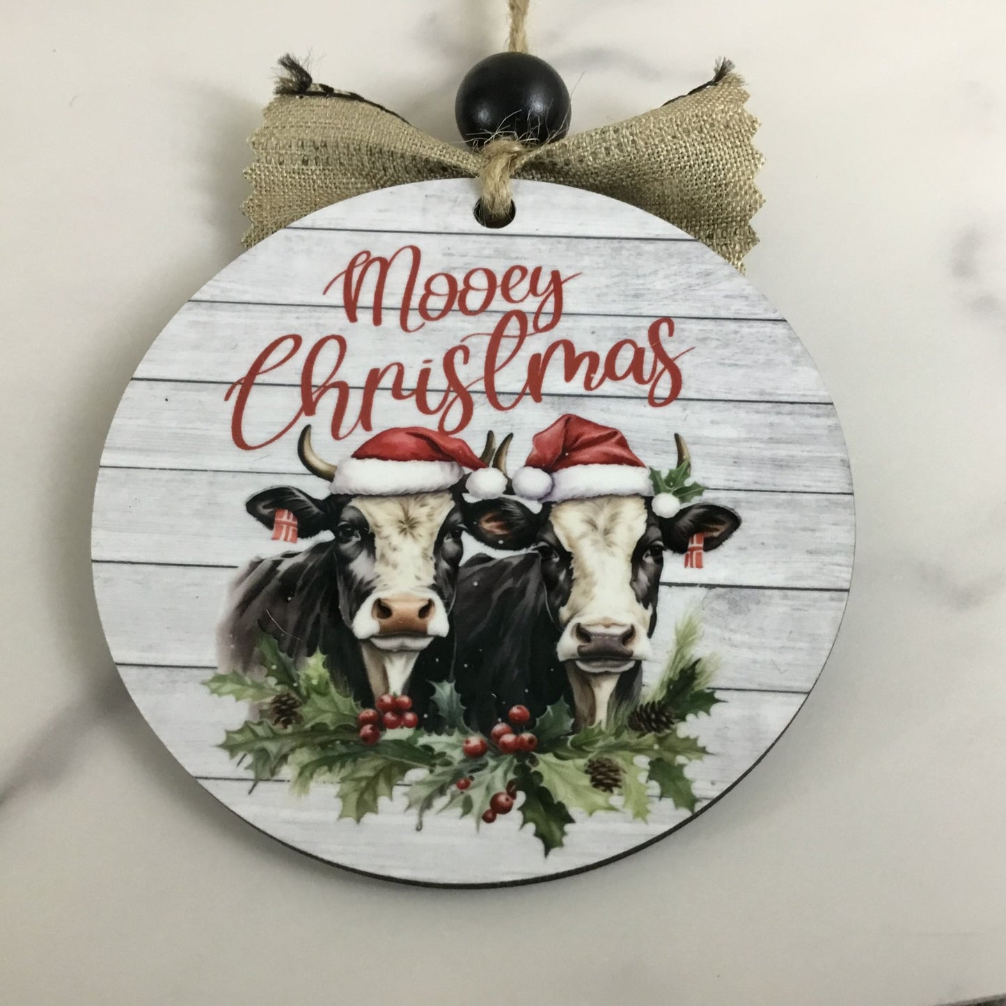 Mooey Christmas Cow 3.5" Round Wooden Christmas Ornament