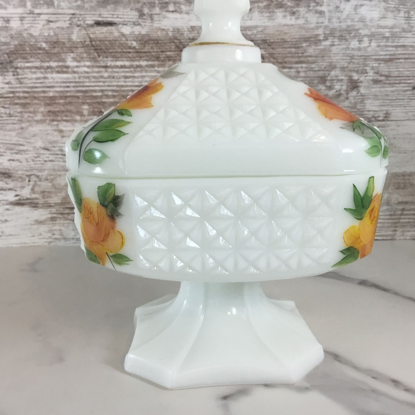 Vintage Milk Glass Lidded Compote Candy Dish With Hand Painted Roses