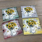 Sunflower Butterfly & Bees Plaid Set of 4 Sandstone Coasters