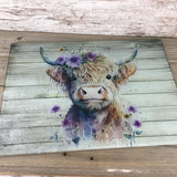 Highland Cow Purple Flower  Glass Cutting Board