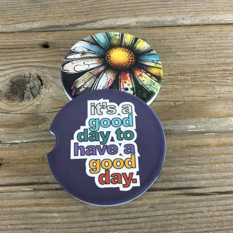 It's a Good Day to Have a Good Day Watercolor Daisy Car Coasters Set of 2