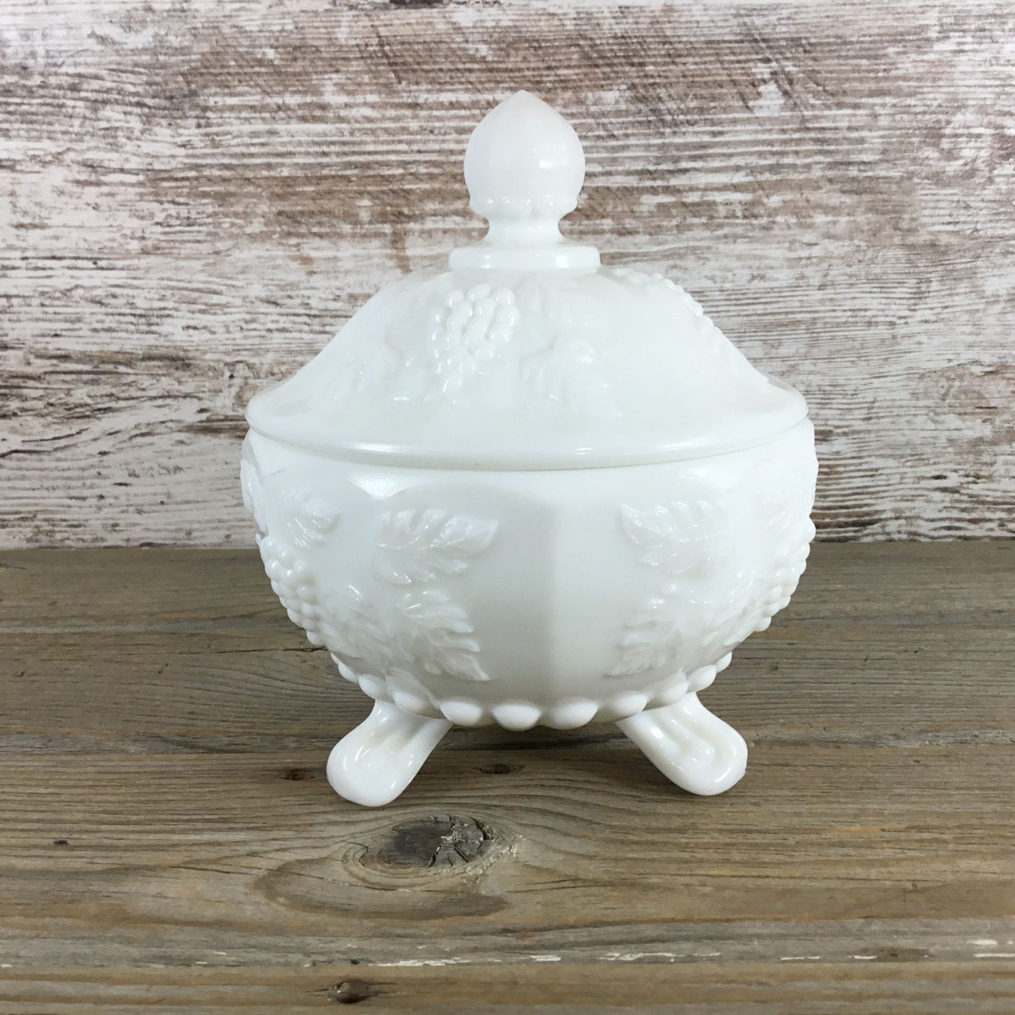 Westmoreland Milk Glass 3-Toed Covered Candy Dish Paneled Grape with Lid