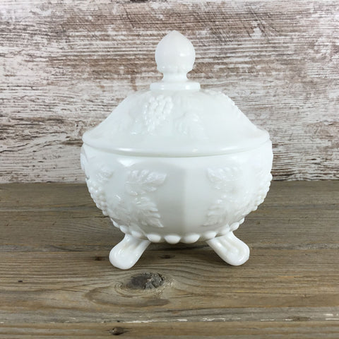 Westmoreland Milk Glass 3-Toed Covered Candy Dish Paneled Grape with Lid